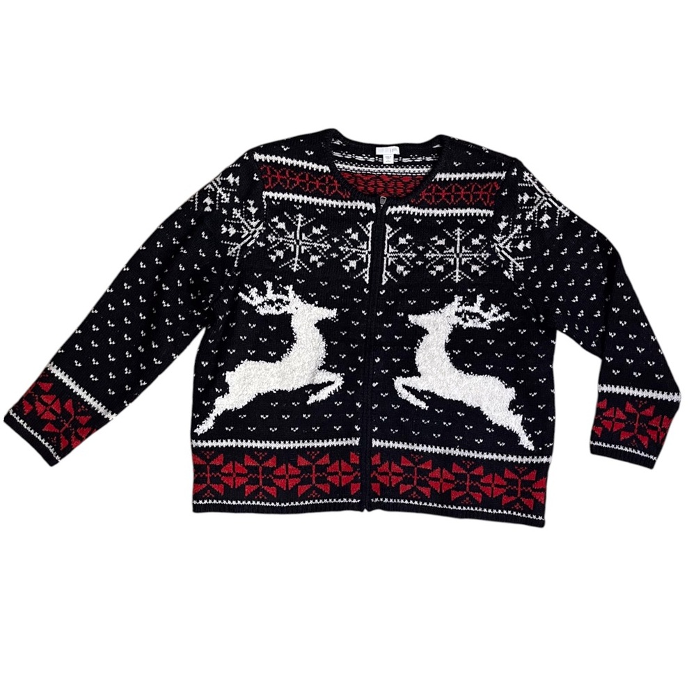 J Jill Cardigan Sweater Wool Blend Full Zip Deer Snowflake Nordic Red Black Sz L